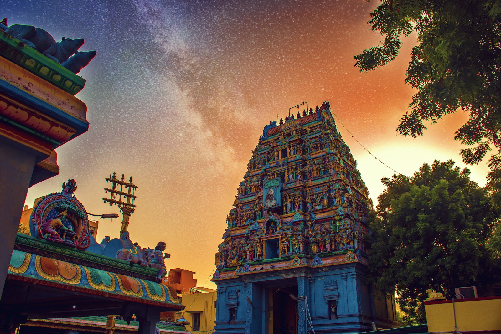 Temple gopuram in Tamil Nadu at dusk